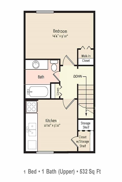 Floor plan for 1 bed, 1 bath, 532 sqft